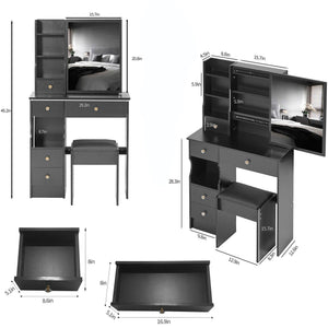 English Elm 29.2" Stylish Compact Desktop Vanity Set With Cushioned Stool & Extra-Large Sliding Mirror, Ideal For Small Spaces W936P226017