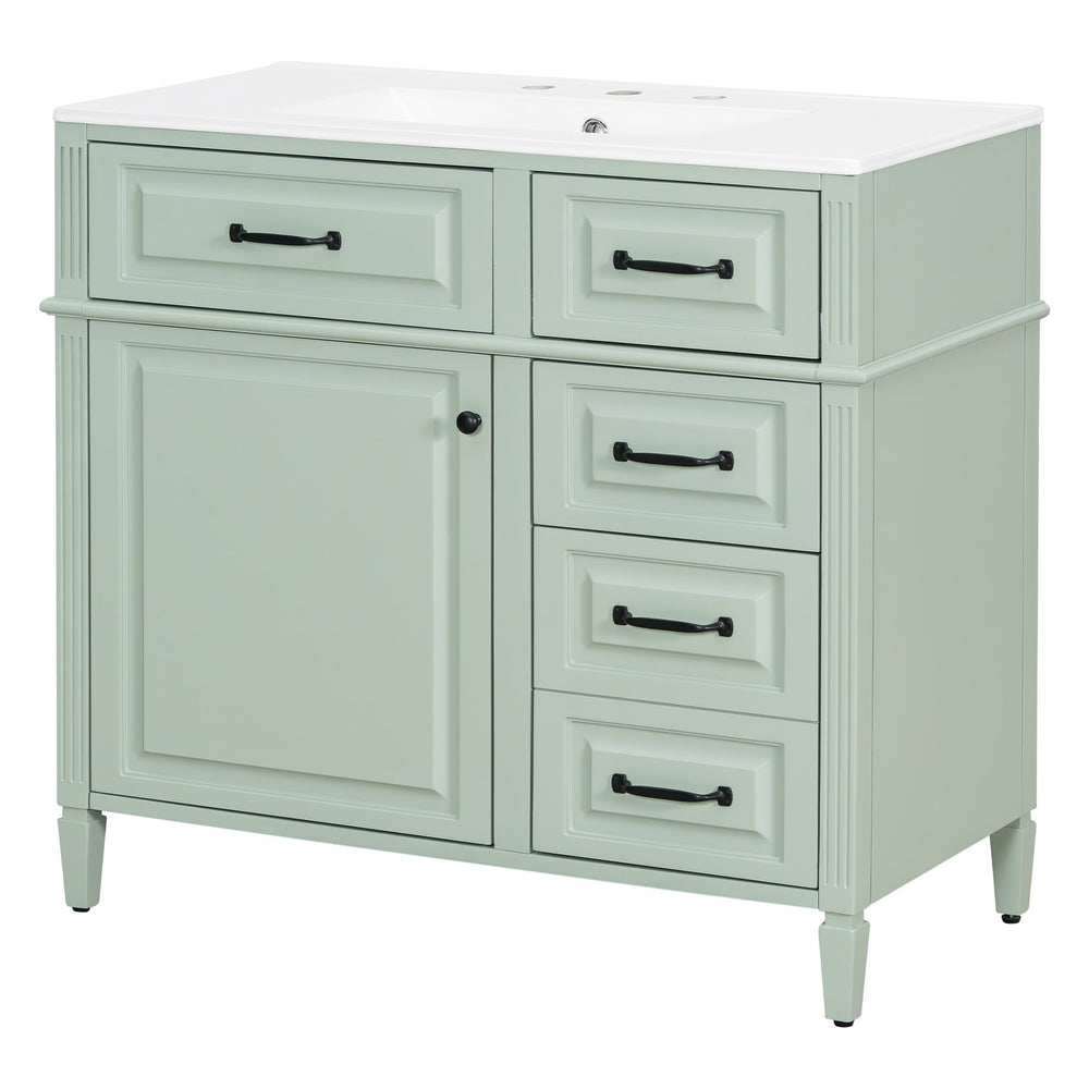 English Elm 36-Inch Modern Bathroom Vanity With Ceramic Sink, Adjustable Shelves, Flip Drawers & Metal Handles N725P350849F