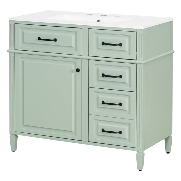 English Elm 36-Inch Modern Bathroom Vanity With Ceramic Sink, Adjustable Shelves, Flip Drawers & Metal Handles N725P350849F