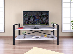 English Elm 47" Ikra TV Stand White with Black Metal Legs, Open Shelves & Crossbar Support for Modern Homes B029P330621