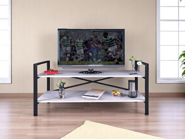 English Elm 47" Ikra TV Stand White with Black Metal Legs, Open Shelves & Crossbar Support for Modern Homes B029P330621