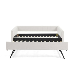 English Elm Twin Size Daybed With Trundle - Elegant Upholstered Sofa Bed In Beige Linen With Stripes, Space-Saving W1413S00090-GIGA