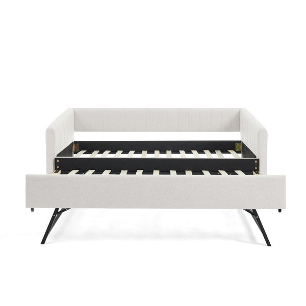 English Elm Twin Size Daybed With Trundle - Elegant Upholstered Sofa Bed In Beige Linen With Stripes, Space-Saving W1413S00090-GIGA