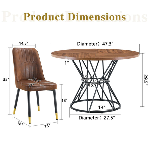English Elm Table and Chair Set Walnut Round Dining for Four with Sculptural Metal Base W1151S04845