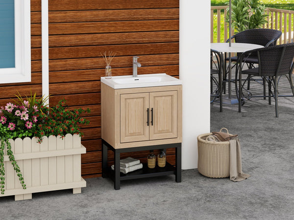 English Elm 24" Bathroom Vanity with Smooth White Ceramic Sink, Durable Metal Hinges, Adjustable Feet, Sleek Faucet & Open Iron Shelf Natural W688P224403