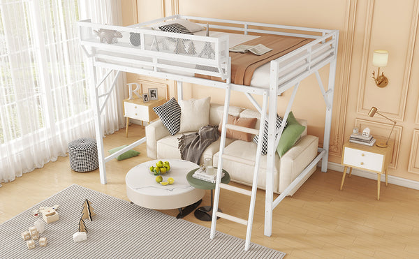 English Elm Full Size Loft Bed with Ladder and Built-In Shelves, Sturdy Metal High Loft for Kids Teens 54" White W2580P379995