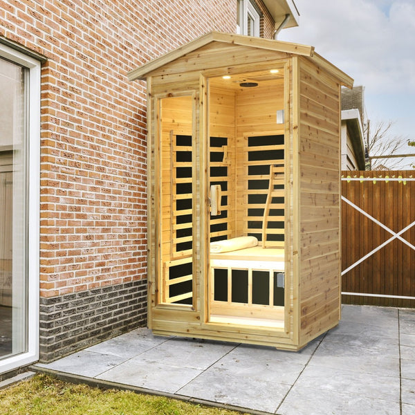 English Elm Two Person Far Infrared Outdoor Sauna Fir Wood Cabin with Bluetooth and Lcd Control W632S00031