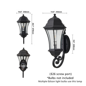 English Elm 27"(H) Outdoor Wall Lantern with Dusk-to-Dawn Sensor, Black Weatherproof Seed Glass Vintage Sconce W1340P239407