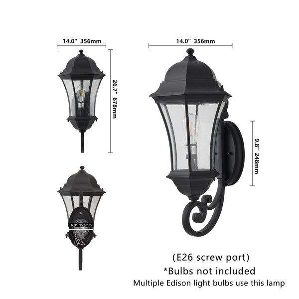 English Elm 27"(H) Outdoor Wall Lantern with Dusk-to-Dawn Sensor, Black Weatherproof Seed Glass Vintage Sconce W1340P239407