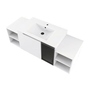English Elm 54" Floating Bathroom Vanity Glossy White Plywood Cabinet with Ceramic Sink Grey Glass Door W999S00530