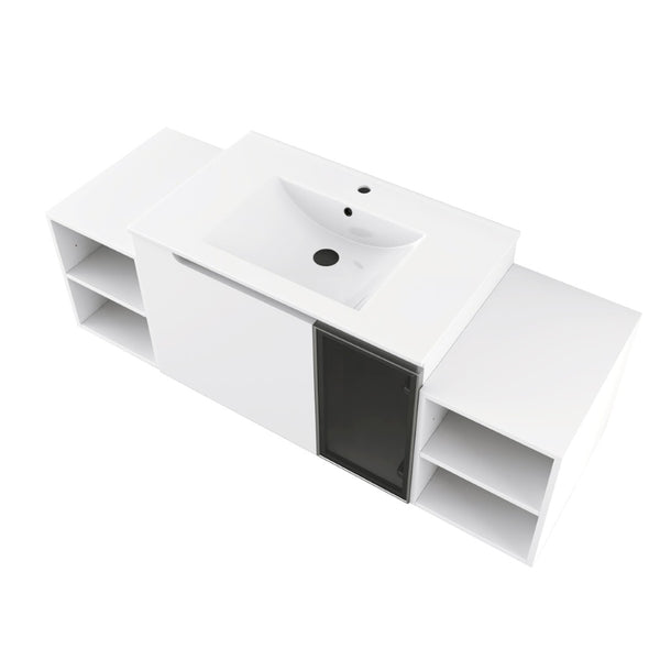 English Elm 54" Floating Bathroom Vanity Glossy White Plywood Cabinet with Ceramic Sink Grey Glass Door W999S00530