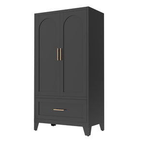 English Elm 60" Powder-coated Steel Wardrobe with Hanging Rod Drawer and Shelf for Slim Spaces W3387P396209