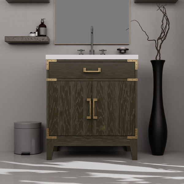 English Elm Brown Oak Single Bath Vanity With White Quartz Countertop & 28" Mirror – Elegant Storage Solution B2731S01454