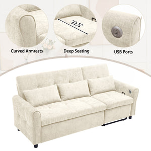 English Elm 2-in-1 Sofa Pull-Out Sleeper with Reversible Recliner, USB Ports, Tufted Curved Arms, 82" Comfort Beige N719S002010A