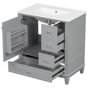 English Elm Christopher Knight Home® - 30" Freestanding Bathroom Vanity with Ceramic Sink, Soft-Close Door, Gold Knobs & 3 Drawers, Durable Painted Finish Grey N759P225994E