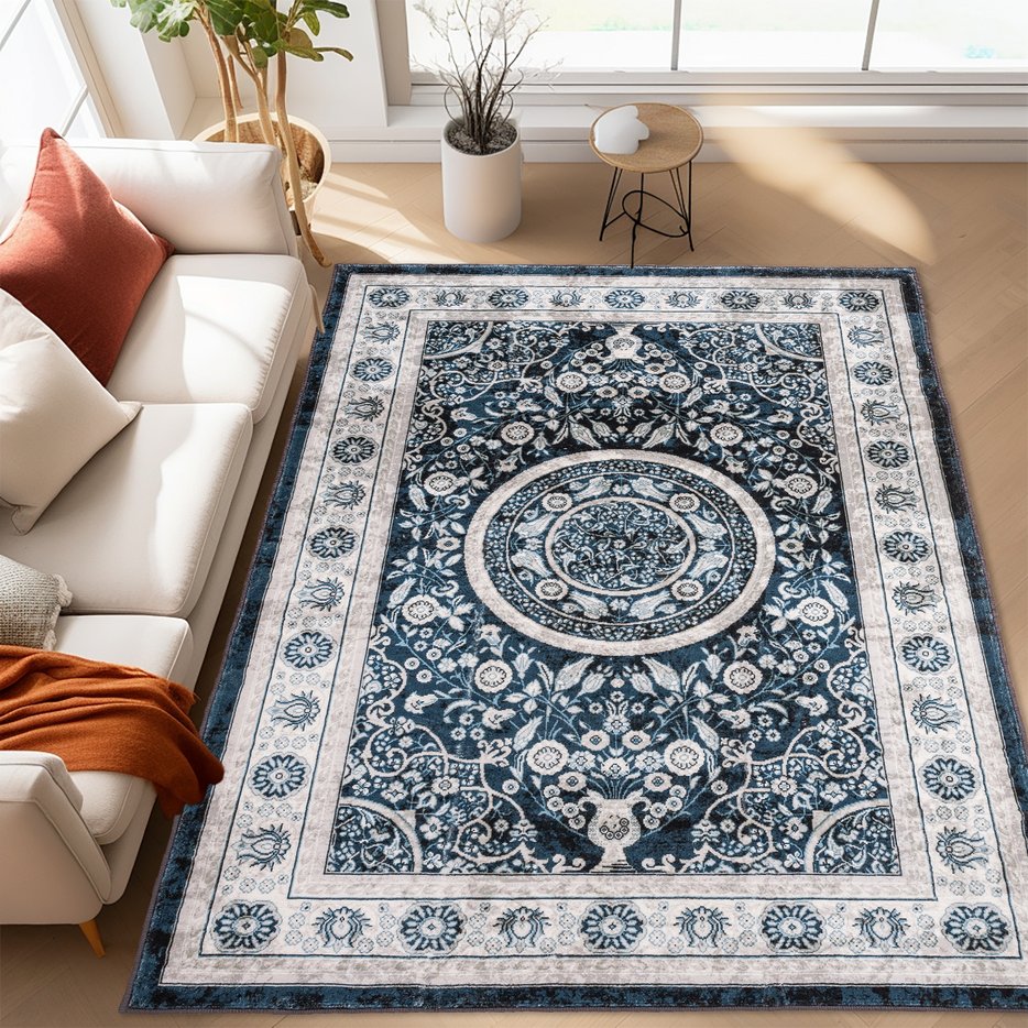 English Elm Area Rug 5X7 Vintage Bohemia Persian Floral Design In Navy Blue - Non-Slip, Washable, Durable Comfort W2907P265036