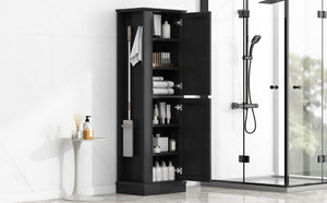 English Elm Tall Bathroom Storage Cabinet - Freestanding With Adjustable Shelves, Hooks & Modern Black Design N725P241834B-GIGA