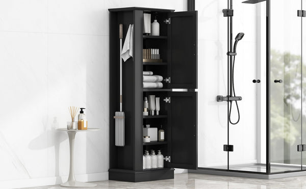English Elm Tall Bathroom Storage Cabinet - Freestanding With Adjustable Shelves, Hooks & Modern Black Design N725P241834B-GIGA
