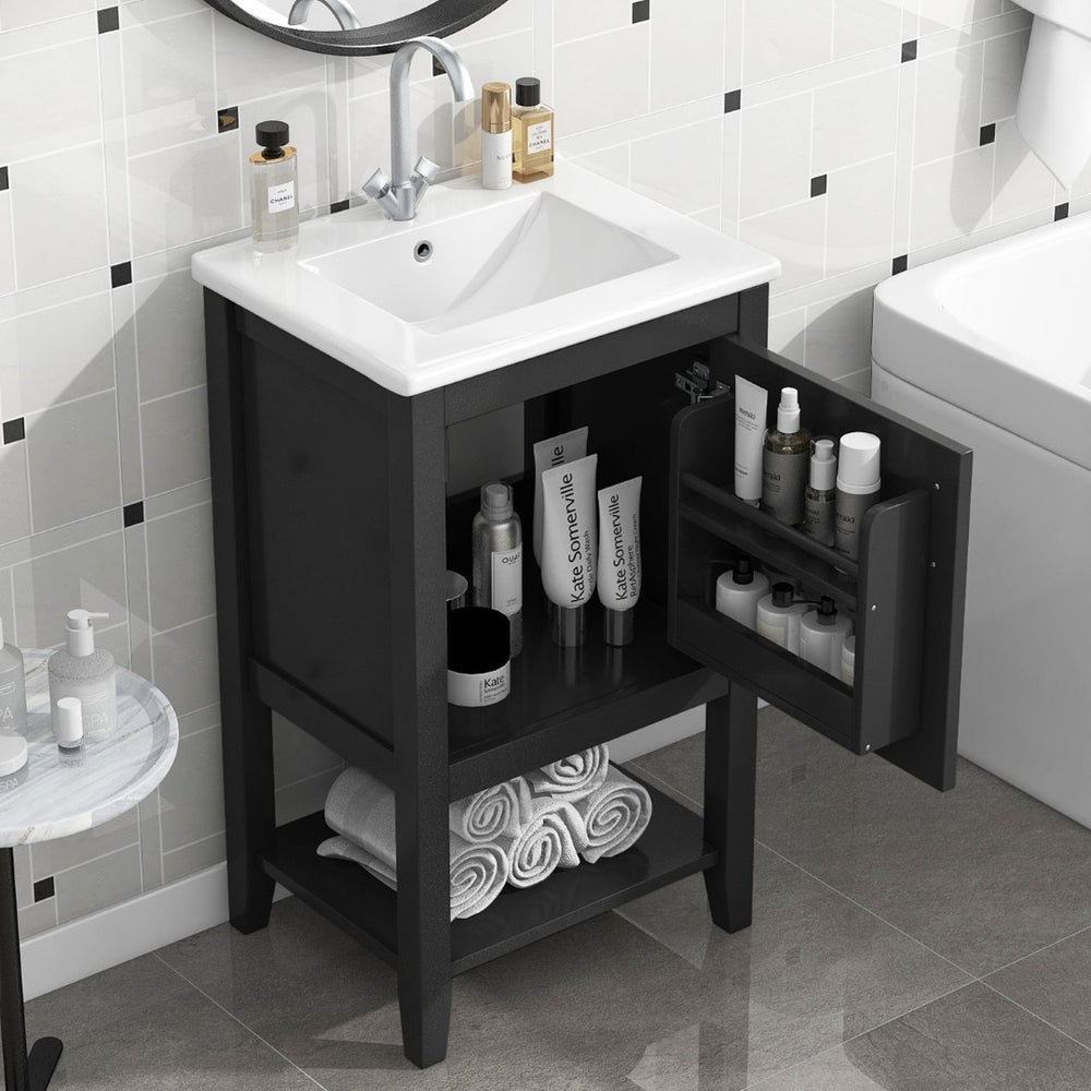 English Elm 20" Matte Freestanding Bathroom Vanity Rubberwood Cabinet Ceramic Sink Open Shelf Black N725P391115B
