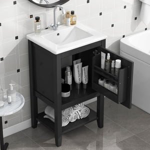 English Elm 20" Matte Freestanding Bathroom Vanity Rubberwood Cabinet Ceramic Sink Open Shelf Black N725P391115B