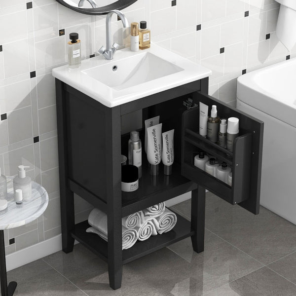English Elm 20" Matte Freestanding Bathroom Vanity Rubberwood Cabinet Ceramic Sink Open Shelf Black N725P391115B