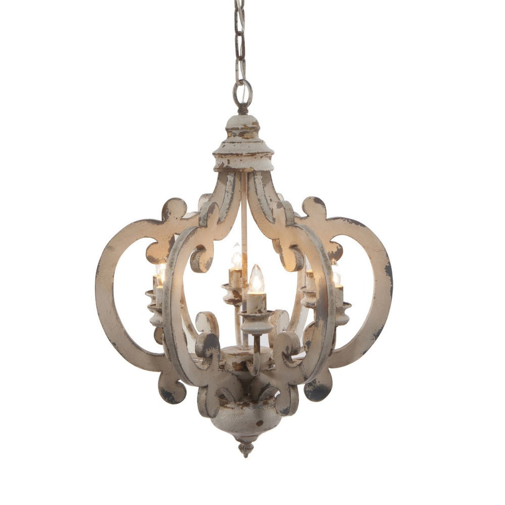 English Elm Aki Six Light Carved Wood Chandelier Antique White Vintage Classic Dining Room B056P412605