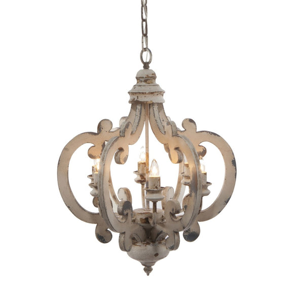 English Elm Aki Six Light Carved Wood Chandelier Antique White Vintage Classic Dining Room B056P412605