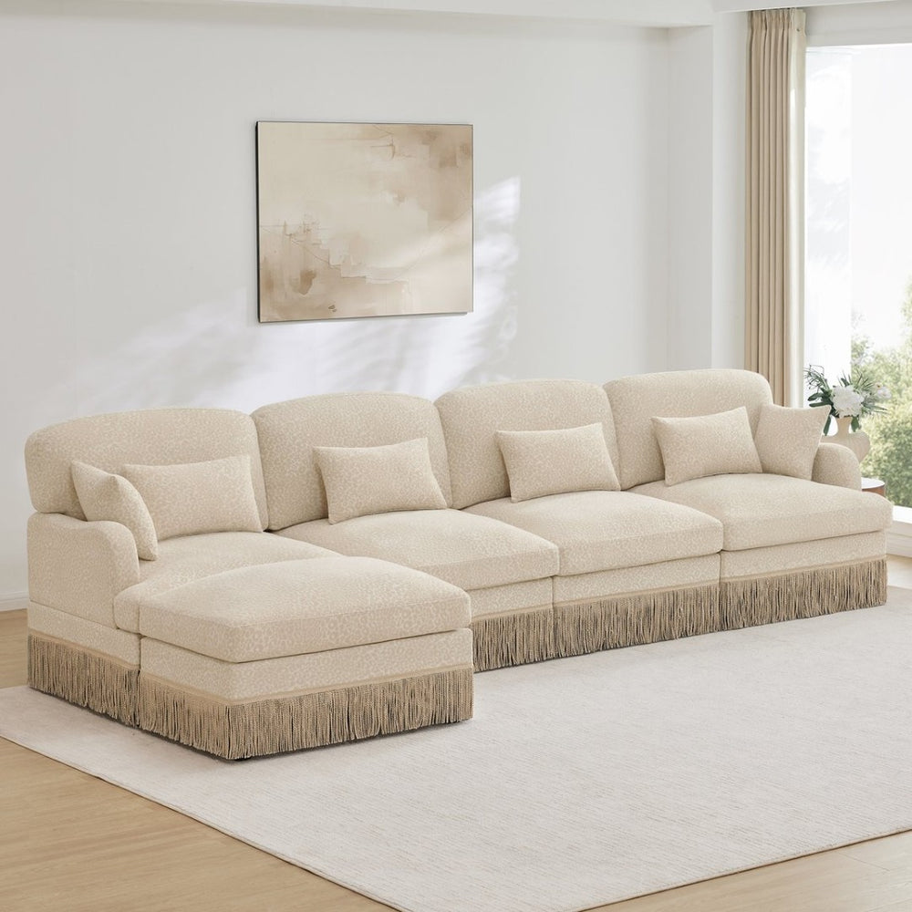 English Elm 131"comfy Chenille Leopard Print Sectional Sofa with Tassel Trim and Movable Ottoman Beige W5656S00008