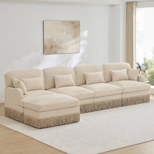 English Elm 131"comfy Chenille Leopard Print Sectional Sofa with Tassel Trim and Movable Ottoman Beige W5656S00008