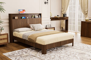 English Elm Queen-size Wave Headboard Storage Bed with Charging Ports and Walnut Mdf Finish W1162P440051
