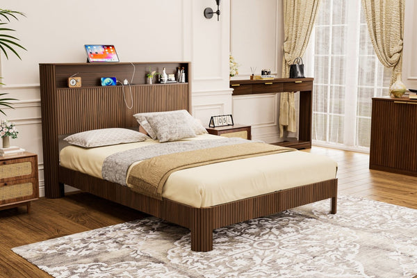 English Elm Queen-size Wave Headboard Storage Bed with Charging Ports and Walnut Mdf Finish W1162P440051