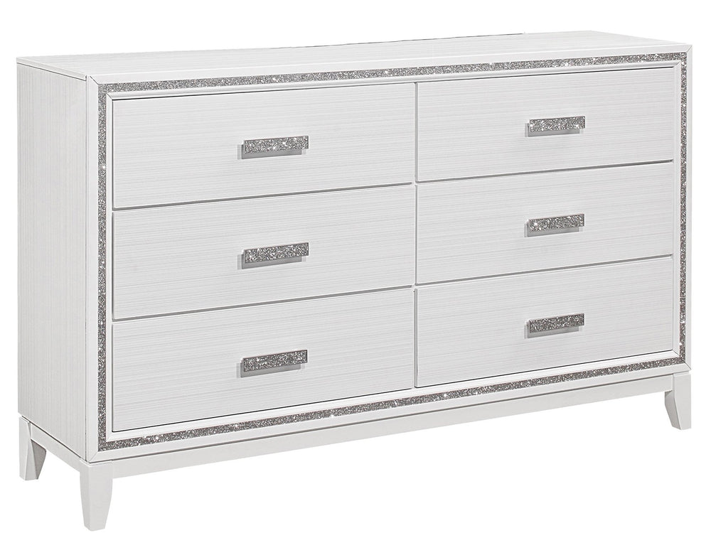 English Elm ALMERA Glam Transitional 5-Drawer Chest with Glitter Finish, Solid Wood & MDF Construction, Elegant Storage White 66.38 L x 19.92 W x 37.28 H B201P226184