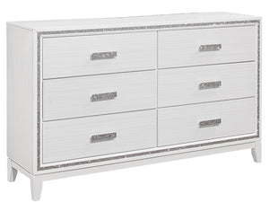 English Elm ALMERA Solid Wood 5PC Bedroom Set with LED Lighting, Glitter Accents, Tapered Legs & Mirror White King B201S00262