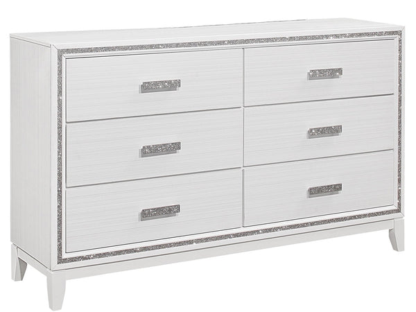 English Elm ALMERA Solid Wood 5PC Bedroom Set with LED Lighting, Glitter Accents, Tapered Legs & Mirror White King B201S00262