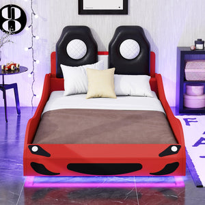 English Elm Wood Twin Race Car Platform Bed with LED Lighting, Upholstered Headrest, Sturdy Pine Build Red GX002218AAR