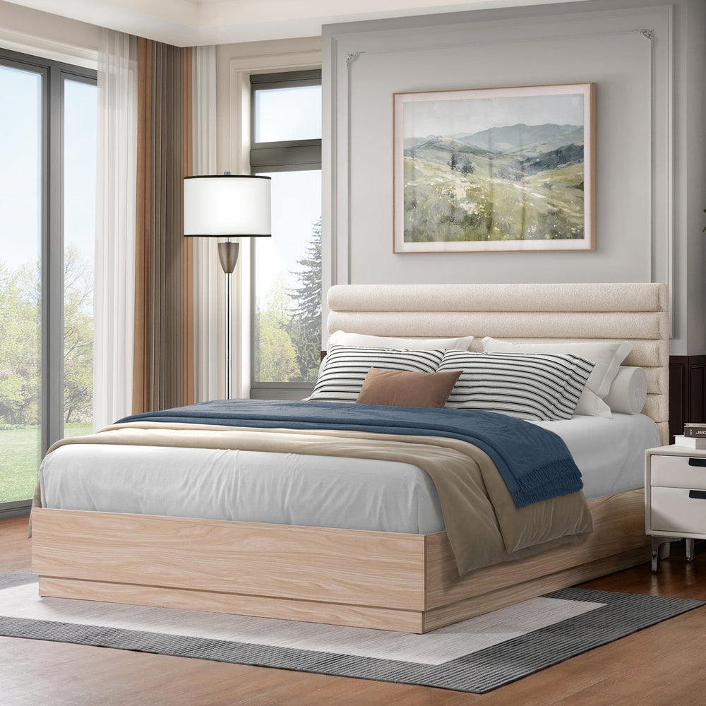 English Elm Christopher Knight Home® - Queen Wood Platform Bed with Taupe Bouclé Upholstered Headboard, Solid Slats, 800lb Support, Coastal-Modern Chic N758D799091D