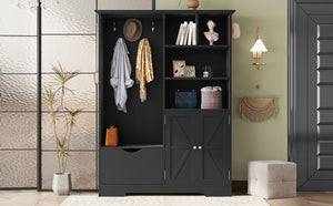 English Elm Multi-functional Entryway Hall Tree with Hooks Bench Drawer Cabinet in Matte Black W1307S00034