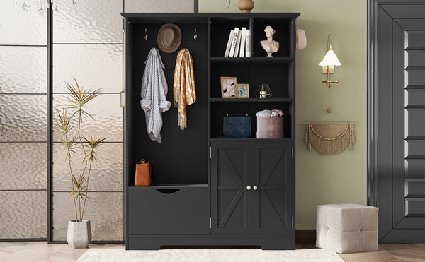 English Elm Multi-functional Entryway Hall Tree with Hooks Bench Drawer Cabinet in Matte Black W1307S00034