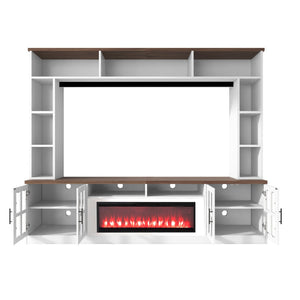 English Elm U-can Modern Farmhouse Wall Unit with Electric Fireplace Bookshelves and Glass Cabinet Doors White+Walnut SJ000153AAK