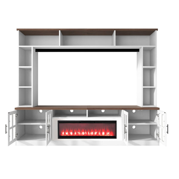 English Elm U-can Modern Farmhouse Wall Unit with Electric Fireplace Bookshelves and Glass Cabinet Doors White+Walnut SJ000153AAK