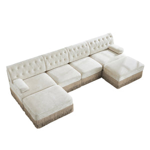 English Elm 4-seater Cloud Sectional with Ottomans Button Tufted Fleece Tassel Skirt Sofa W714S01690
