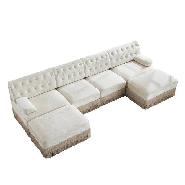 English Elm 4-seater Cloud Sectional with Ottomans Button Tufted Fleece Tassel Skirt Sofa W714S01690