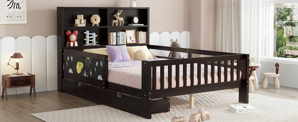 English Elm Full Solid Wood Platform Bed with Chalkboard Headboard, Storage Drawers & Shelves, Kid-Friendly White Espresso W1580P362709