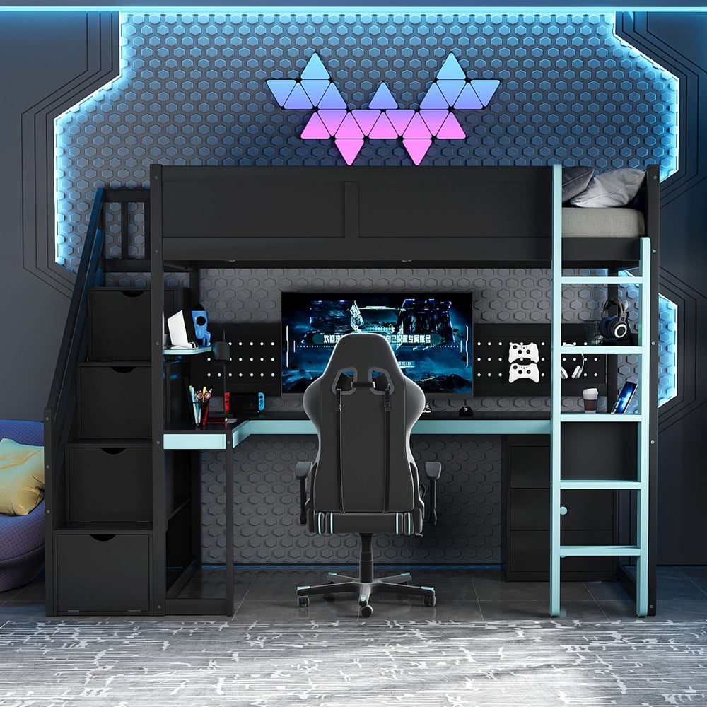 English Elm Full Size Gaming Loft Bed with Led Lighting Desk Shelves and Usb Charging Ports N820S00070C