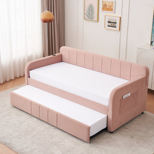 English Elm Twin Upholstered Daybed with Trundle Sofa Bed for Guest Room, Pine Wood Frame, Velvet Upholstery, Sturdy Slat Support and Full-Length Comfort Pink W1361S00023