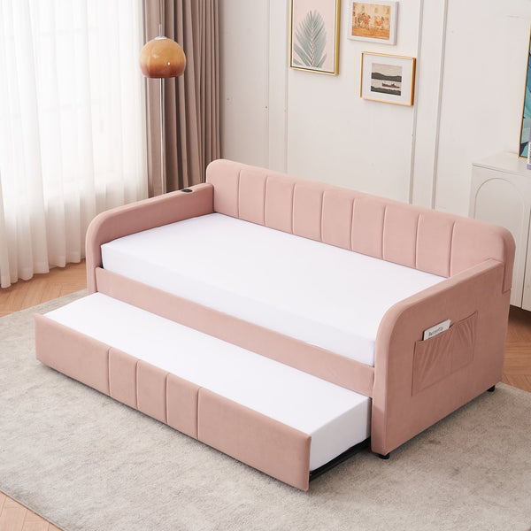 English Elm Twin Upholstered Daybed with Trundle Sofa Bed for Guest Room, Pine Wood Frame, Velvet Upholstery, Sturdy Slat Support and Full-Length Comfort Pink W1361S00023