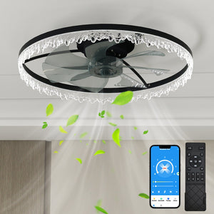 English Elm Luxury Crystal 24'' Flush LED Chandelier Fan with 5 Invisible Blades, Remote & App Control, Dimmable 3000-6500K Timer W2312P368703
