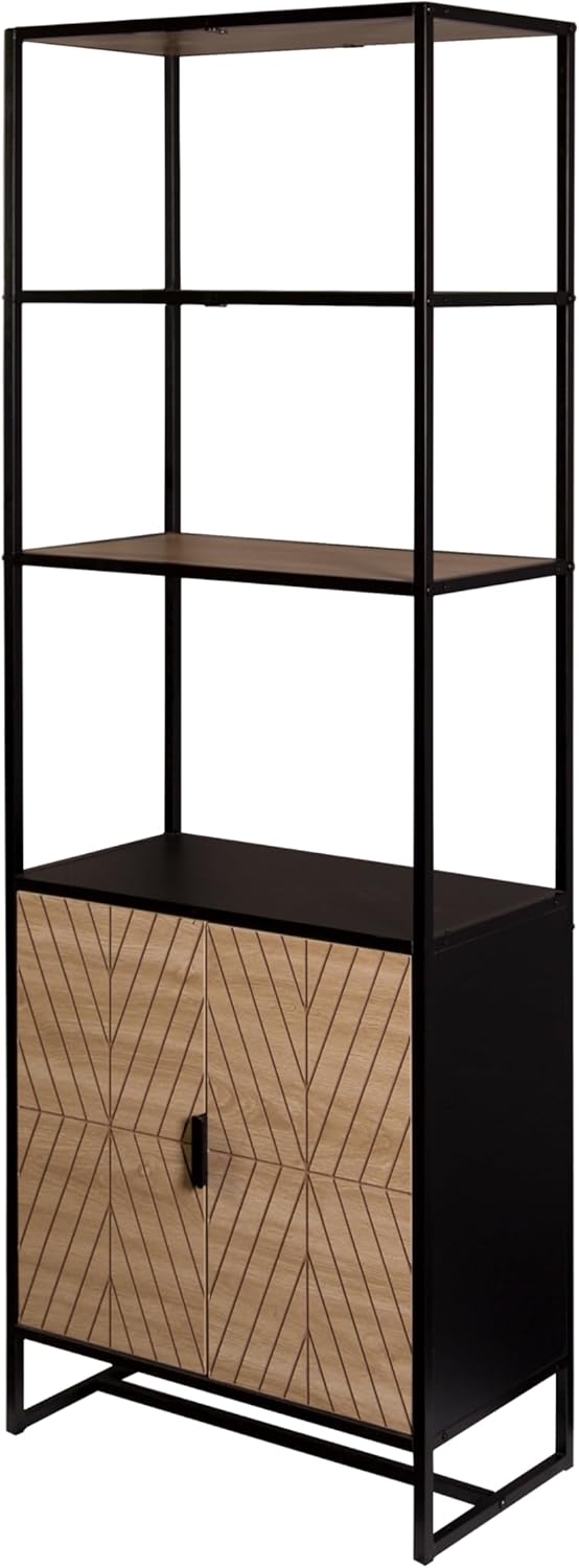 English Elm Bali Coastal 6-Tier Book Shelf with Storage — Black Frame & Natural Wood Accents, Sturdy 67"H Organizer B347P339202