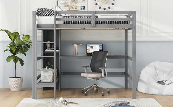 English Elm Full Size Loft Bed With Under-Bed Desk And Stylish Shelves For Space-Saving Bedroom Solutions N7090005004E