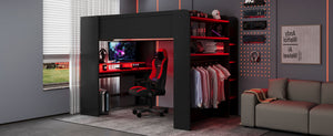 English Elm Full Size Gaming Bunk Bed with Rgb Lighting Integrated Desk Wardrobe and Storage Red LT100266AAR